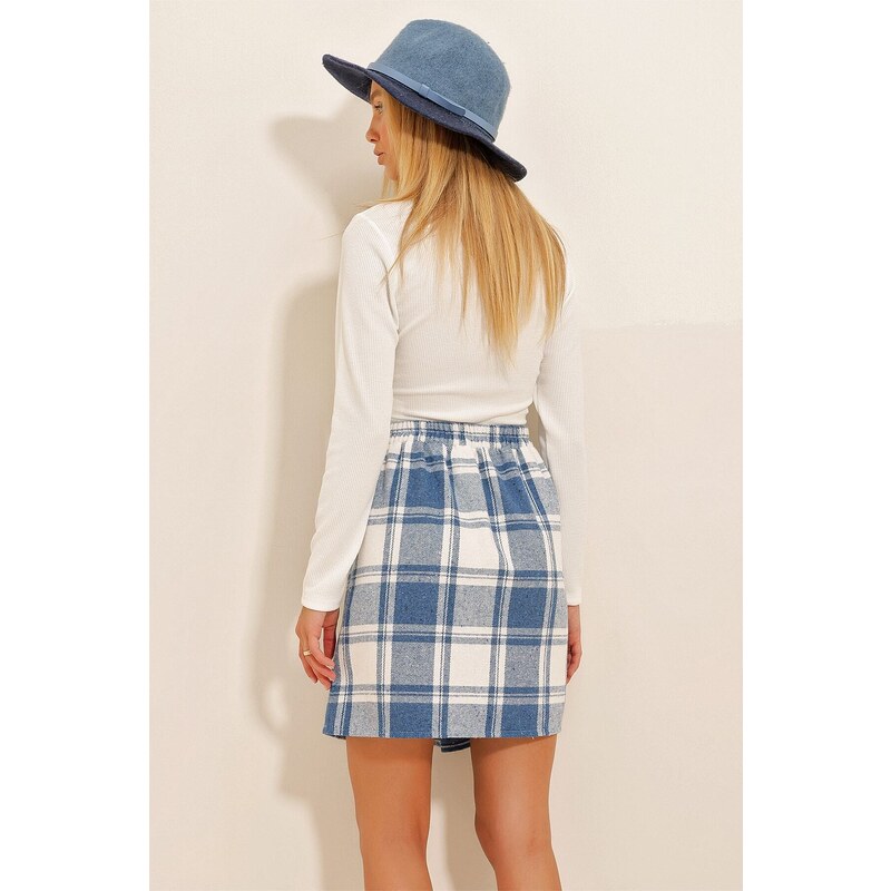 Trend Alaçatı Stili Women's Blue Elastic Waist Cachet Mini Skirt