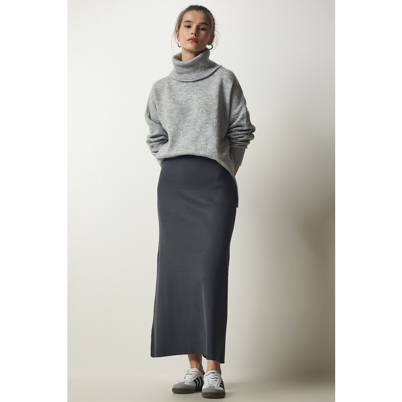 Happiness İstanbul Women's Anthracite Ribbed Knitwear Skirt