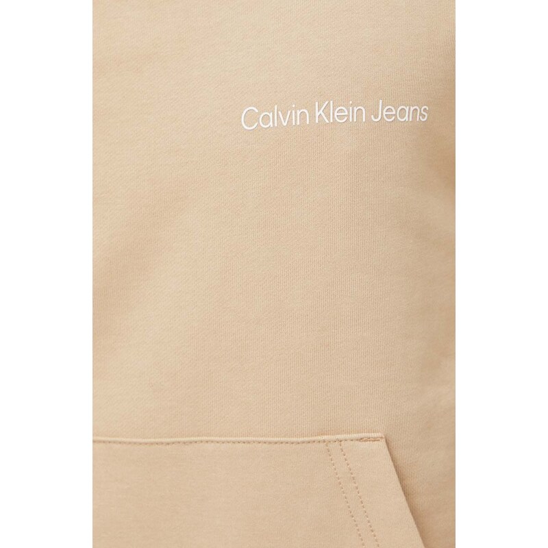 Bavlněná mikina Calvin Klein Jeans pánská, béžová barva, s kapucí, hladká