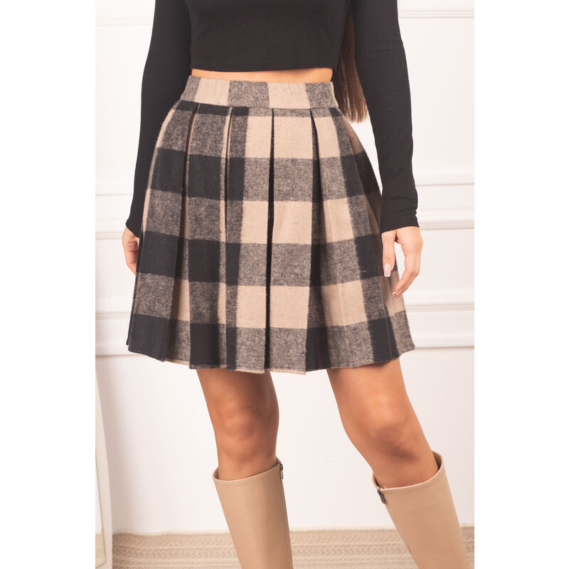 armonika Women's Beige Plaid Short Flared Skirt