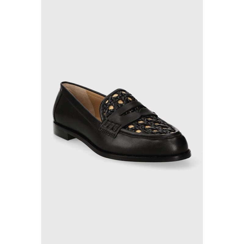 Kožené mokasíny Lauren Ralph Lauren Wynnie II dámské, černá barva, na plochém podpatku, 80292500000000000