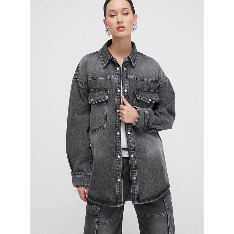 Džínová bunda HUGO dámská, šedá barva, přechodná, oversize