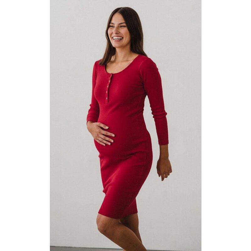 Žebrované těhotenské a kojící šaty Ribbed červené bavlněné