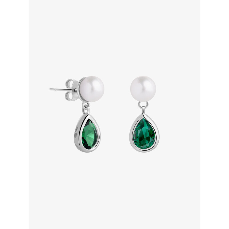 Stříbrné náušnice Pure Pearl s říční perlou a kubickou zirkonií Preciosa, emerald