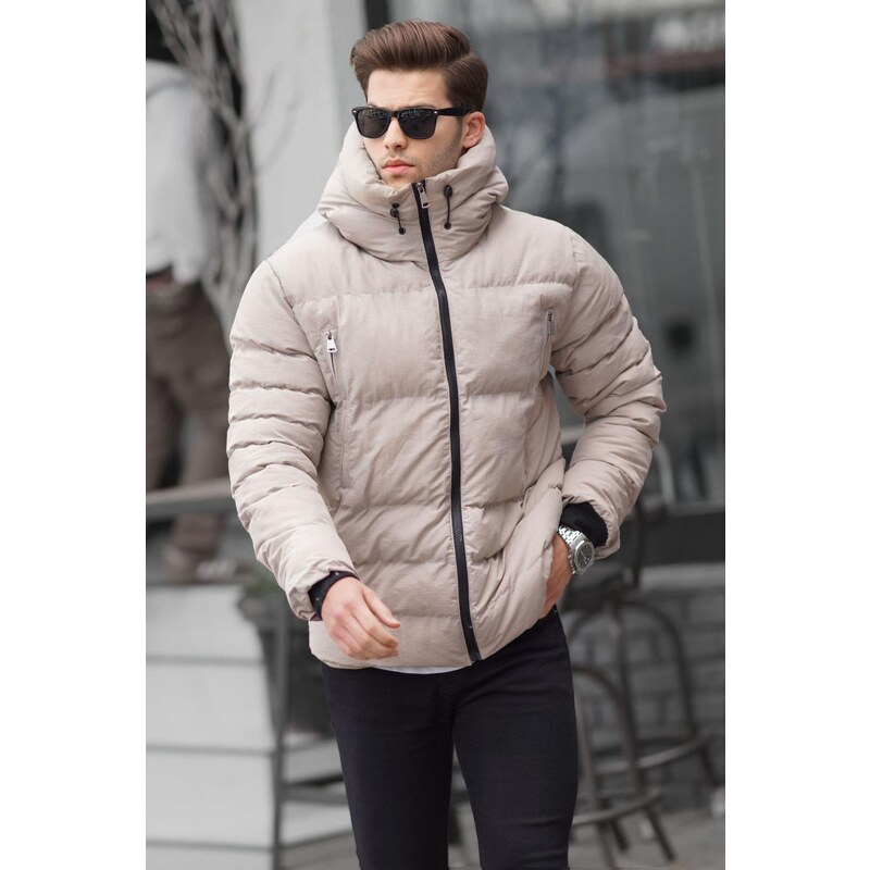 Madmext Stone Color High Neck Men's Hooded Down Coat 6805