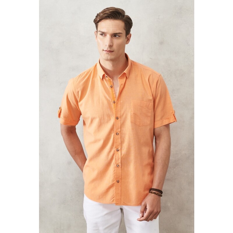 AC&Co / Altınyıldız Classics Men's Orange Comfort Fit Button-down Collar Linen Look 100% Cotton Short Sleeve Shirt.