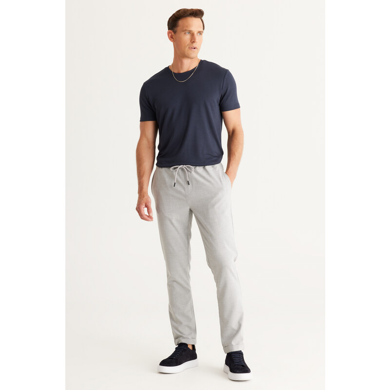 AC&Co / Altınyıldız Classics Men's Gray Slim Fit Casual Cut Jogger Pants with Tie Waist Side Pockets.