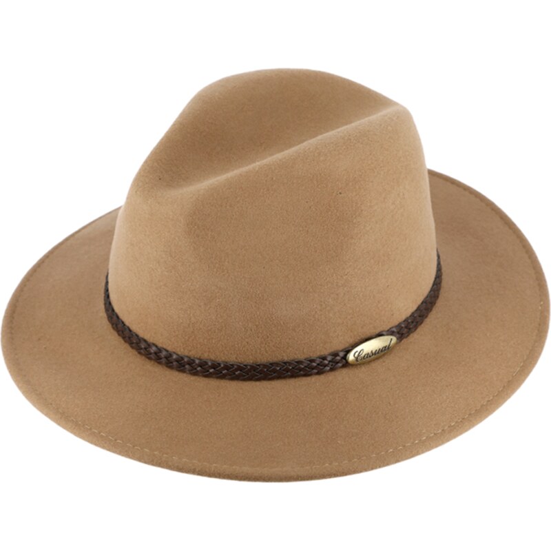 Béžový klobouk fedora plstěný - béžový s koženým pleteným páskem - Fiebig