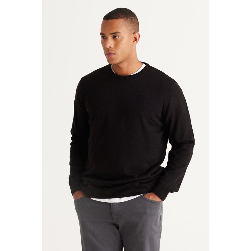 ALTINYILDIZ CLASSICS Men's Black Standard Fit Normal Cut, Crew Neck Knitwear Sweater.