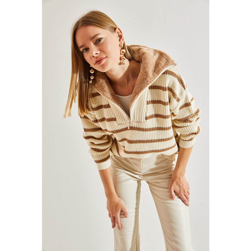 Bianco Lucci Women's Collar Shearling Striped Zippered Knitwear Sweater