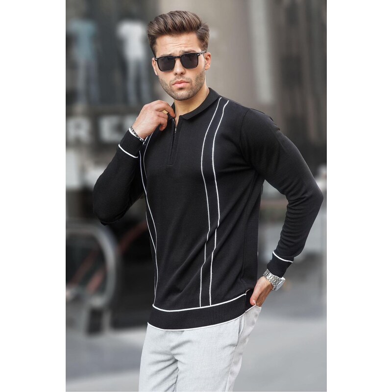 Madmext Black Zippered Polo Neck Knitwear Men's Sweater 6823