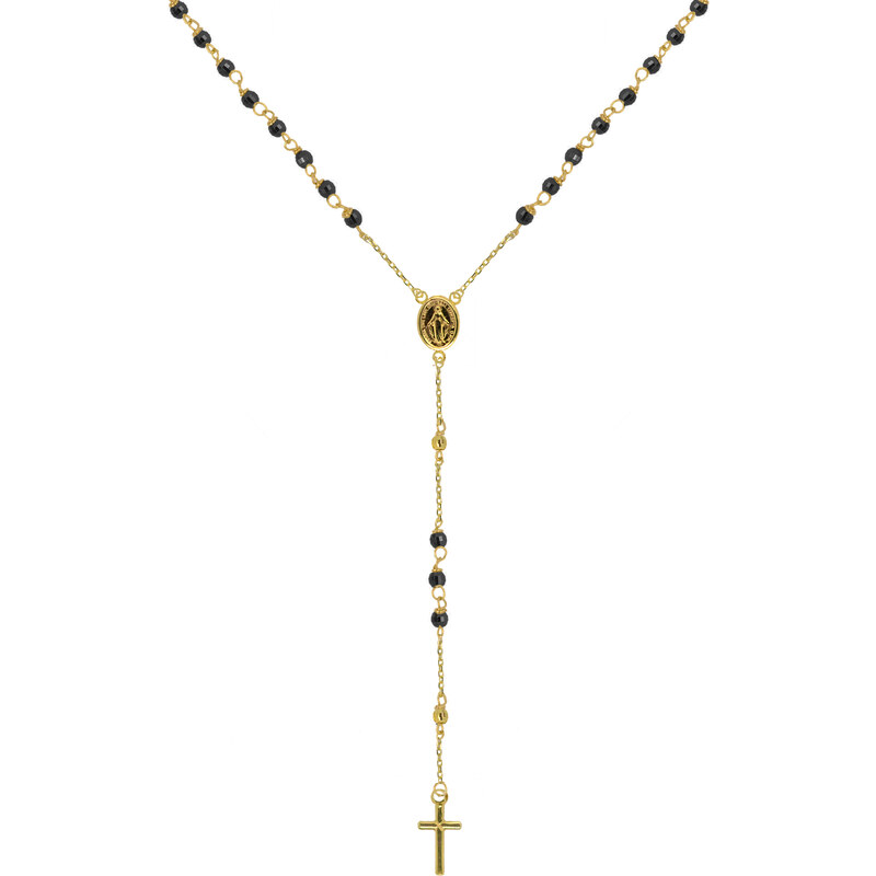 EVOLUTION GROUP Zlatý 14 karátový náhrdelník růženec s křížem a medailonkem s Pannou Marií RŽ03 černý
