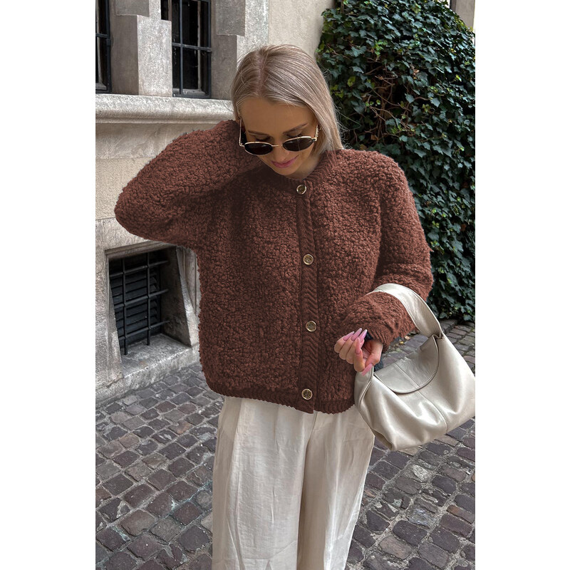 Madmext Brown Buttoned Boucle Knitwear Cardigan