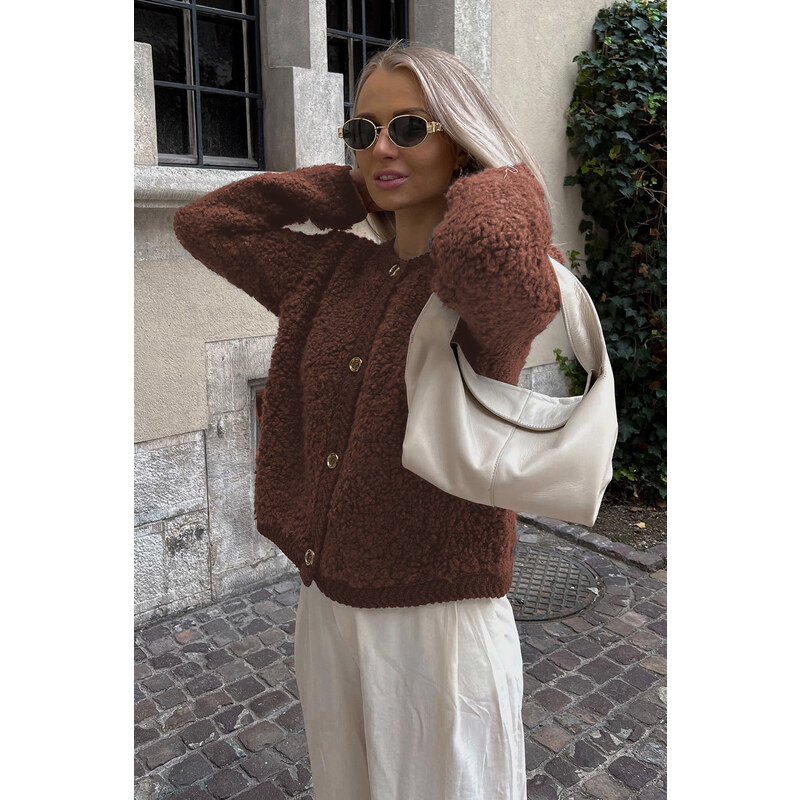 Madmext Brown Buttoned Boucle Knitwear Cardigan