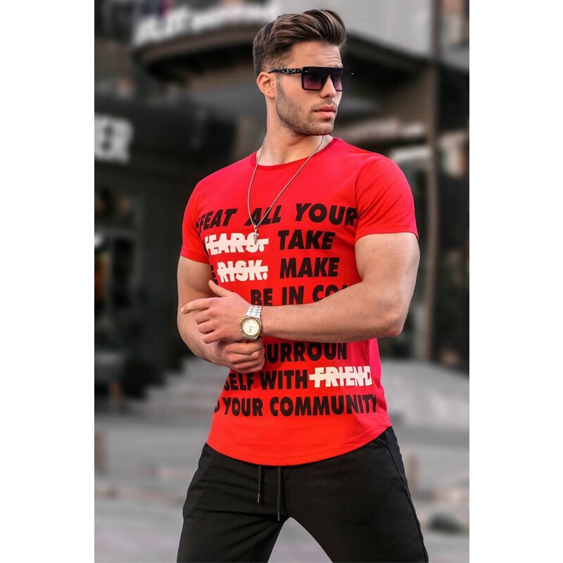 Madmext Text Detailed Red T-Shirt 3096