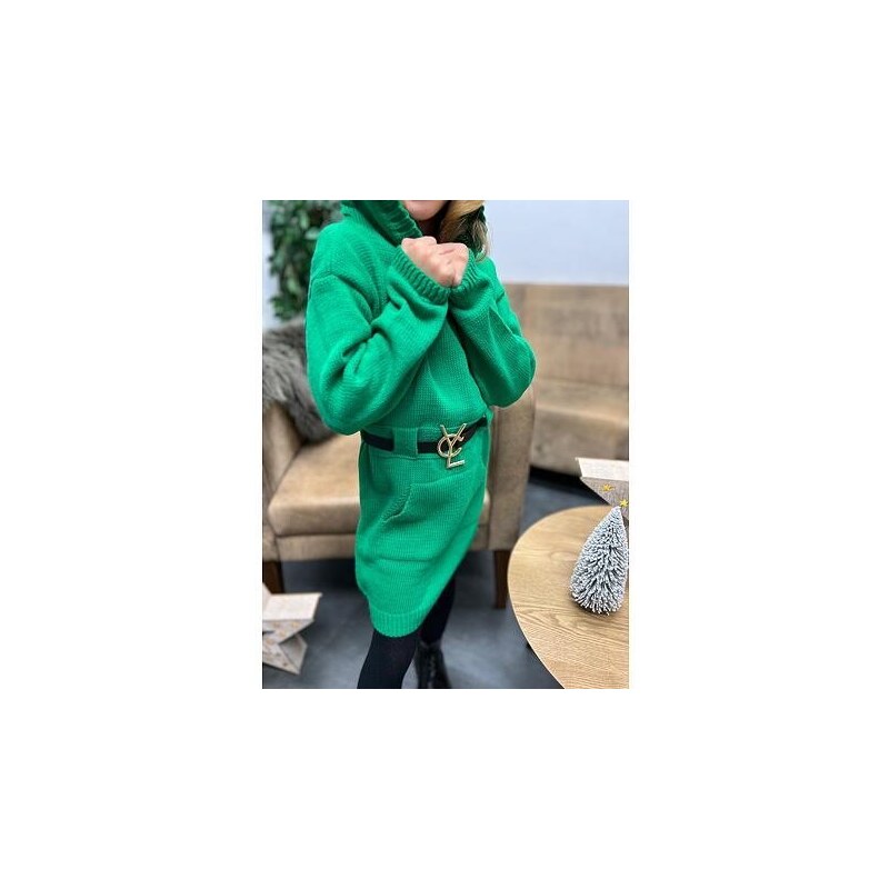 By Mini - butik Svetrové hoodie šaty s páskem green