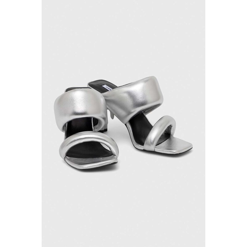 Kožené pantofle Karl Lagerfeld IKON HEEL dámské, stříbrná barva, na podpatku, KL39005A