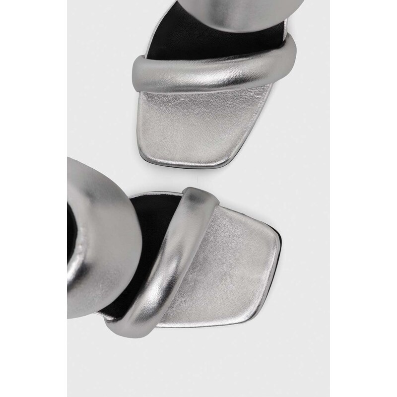 Kožené pantofle Karl Lagerfeld IKON HEEL dámské, stříbrná barva, na podpatku, KL39005A