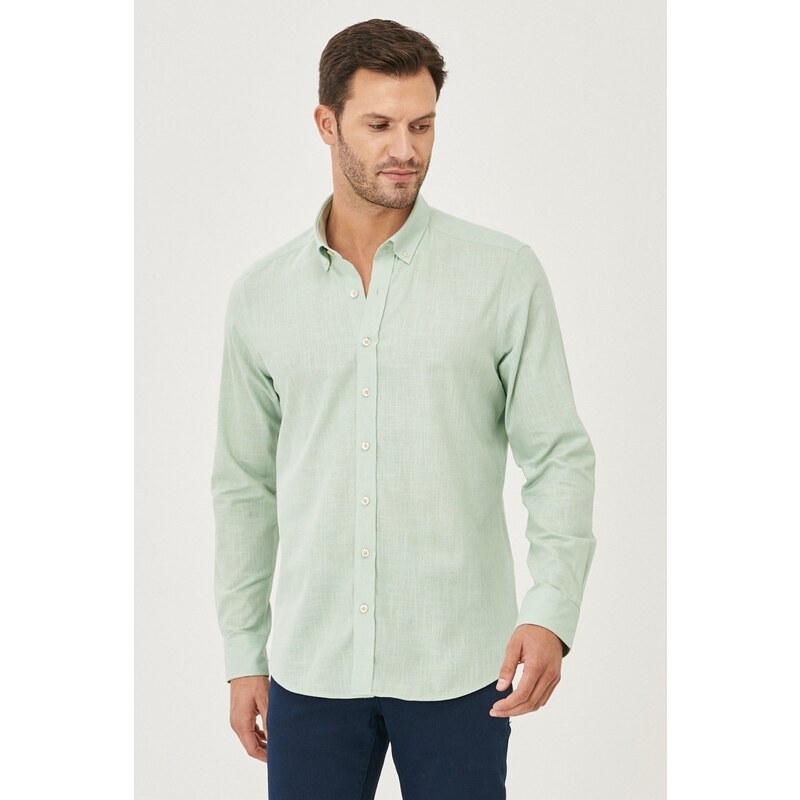 AC&Co / Altınyıldız Classics Men's A.mint Tailored Slim Fit Buttoned Collar Linen Look 100% Cotton Flamed Shirt