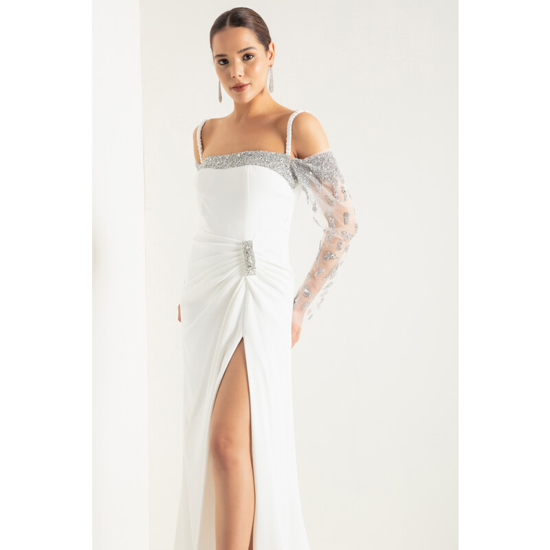 Lafaba Women's White Thin Strappy Stone Long Evening Dress