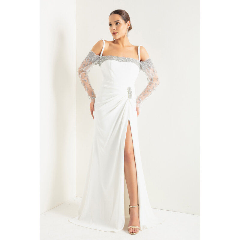 Lafaba Women's White Thin Strappy Stone Long Evening Dress