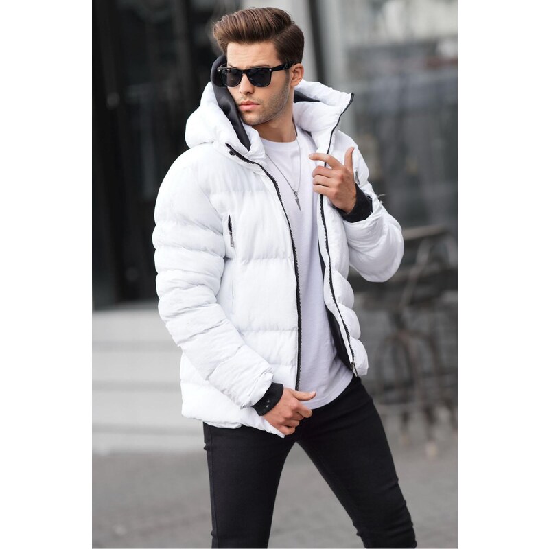 Madmext Men's White High Neck Hooded Down Coat 6805