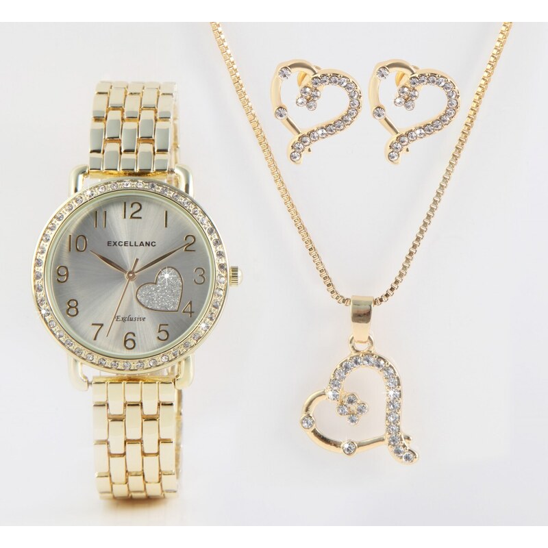 Dárková sada Excellanc s dámskými hodinkami, náhrdelníkem a náušnicemi zlato-bílé provedení