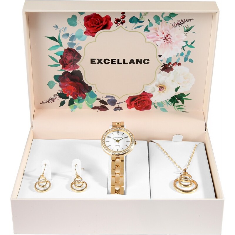 Dárková sada Excellanc s dámskými hodinkam, náušnicemii a náhrdelníkem ve zlaté barvě
