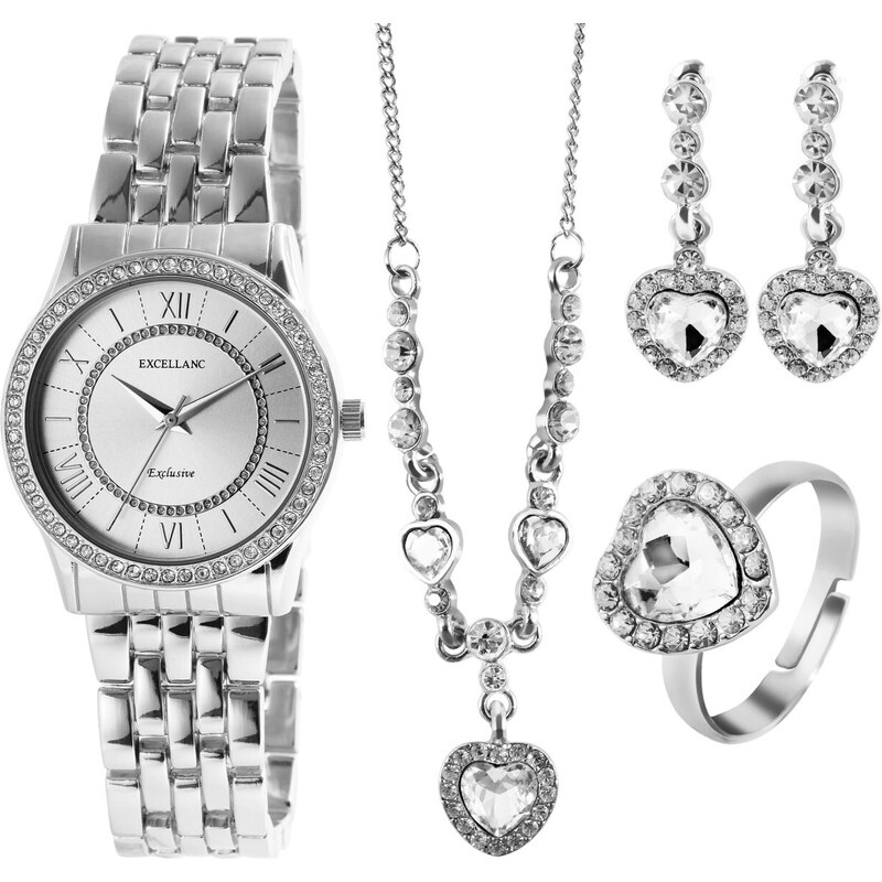 Dárková sada hodinek, prstenu, náušnic a náhrdelníku Excellanc barva provedení stříbrná