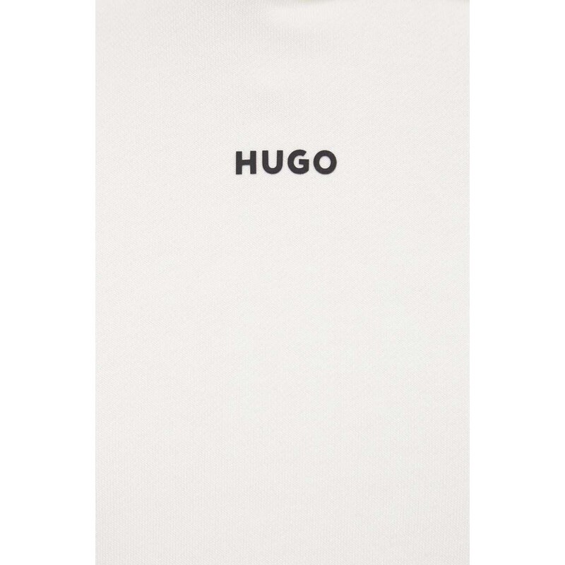Bavlněná mikina HUGO pánská, bílá barva, s kapucí, hladká