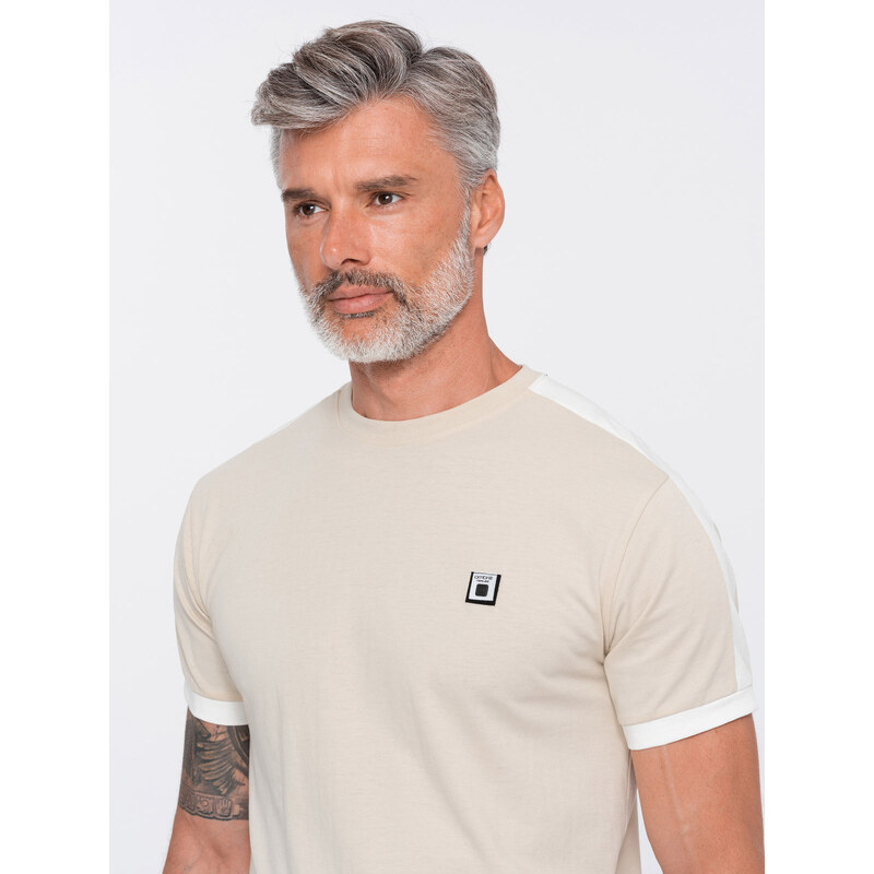 Ombre Clothing Pánské bavlněné tričko s kontrastními vsadkami - krémové V7 S1632