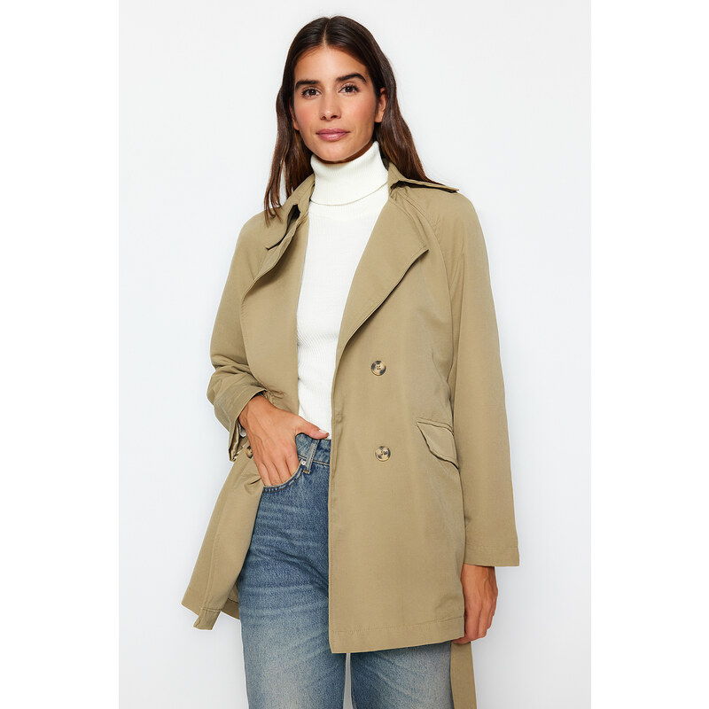 Trendyol Light Khaki oversize trenčkot širokého střihu