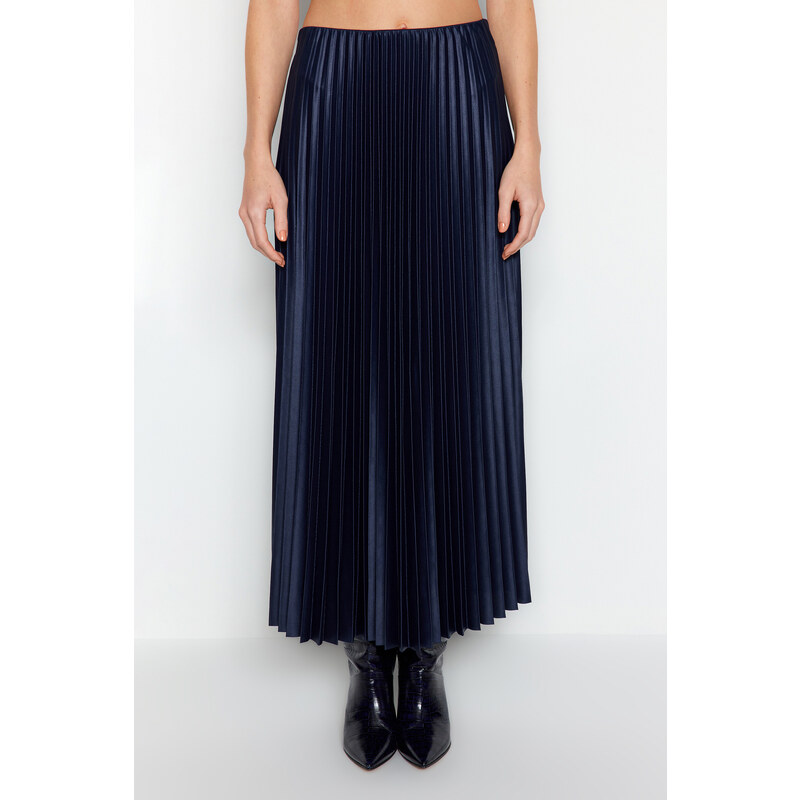 Trendyol Navy Blue Pleated Maxi Knitted Skirt