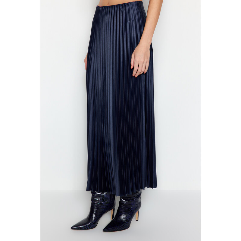 Trendyol Navy Blue Pleated Maxi Knitted Skirt