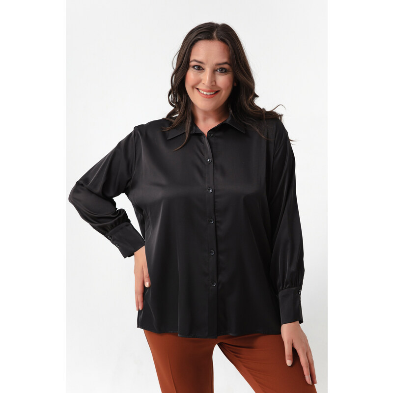 Lafaba Women's Black Plus Size Satin Shirt