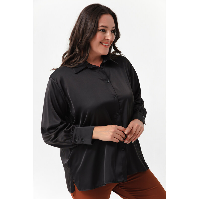 Lafaba Women's Black Plus Size Satin Shirt