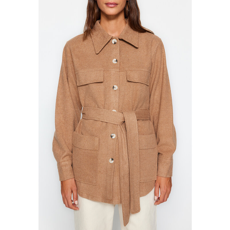 Trendyol béžový kabát s páskem Cachet Jacket Coat