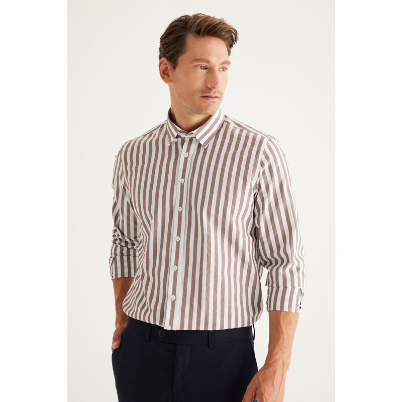 AC&Co / Altınyıldız Classics Men's Brown White Slim Fit Slim Fit Slim Fit Collar Hidden Buttons Collar Cotton Shirt
