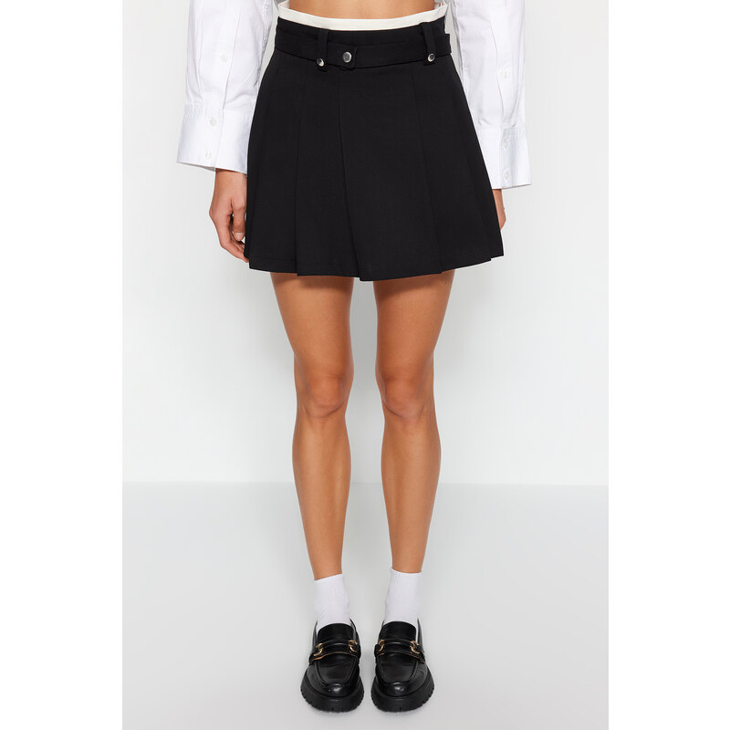 Trendyol Black Double Belt Detail Pleated Mini Woven Skirt