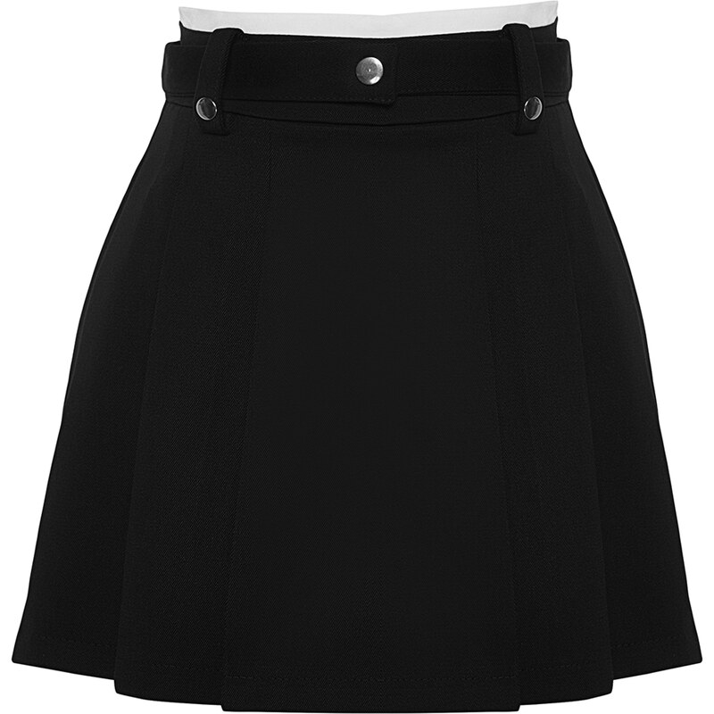 Trendyol Black Double Belt Detail Pleated Mini Woven Skirt