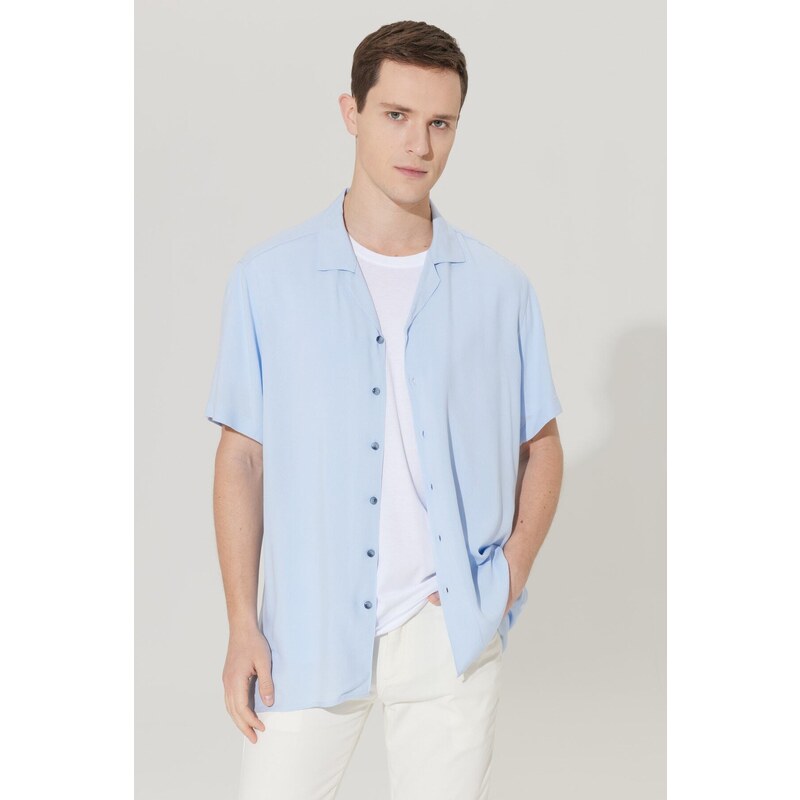 ALTINYILDIZ CLASSICS Men's Light Blue Slim Fit Slim Fit Cuban Collar Short Sleeve Shirt.