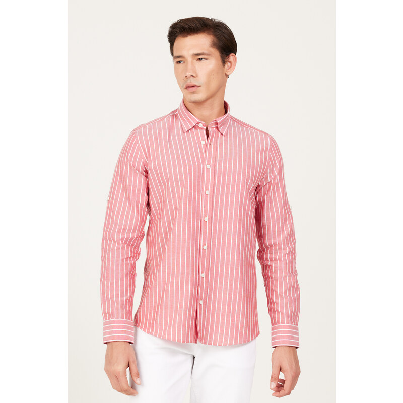 AC&Co / Altınyıldız Classics Men's Claret red-white Slim Fit Slim Fit, Hidden Button Collar 100% Cotton Striped Shirt.