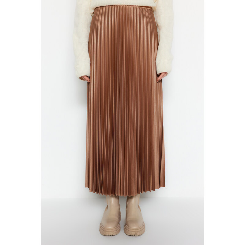 Trendyol Mink Pleated Maxi Knitted Skirt