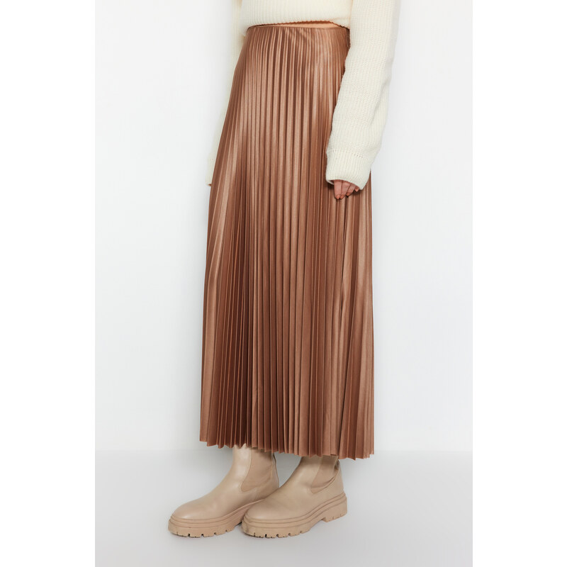 Trendyol Mink Pleated Maxi Knitted Skirt