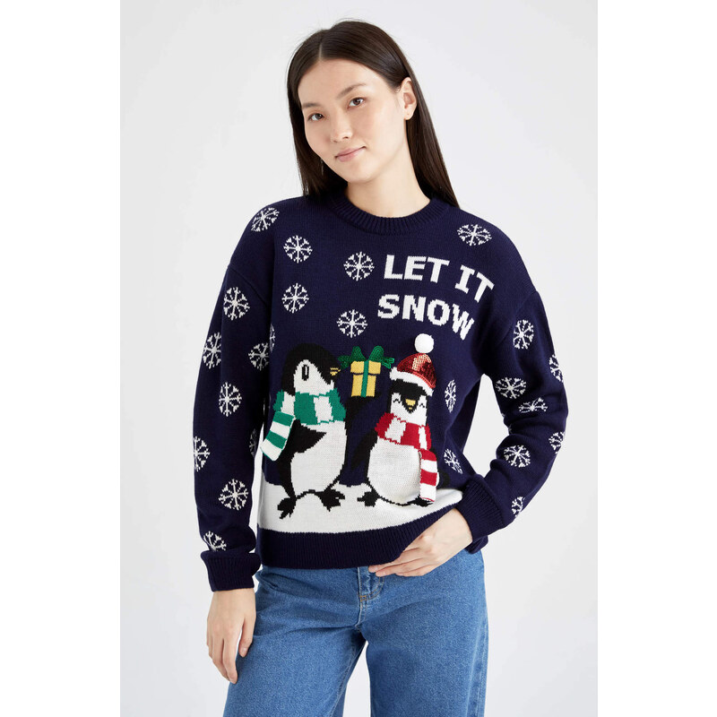DEFACTO Regular Fit Christmas Themed Crew Neck Pullover
