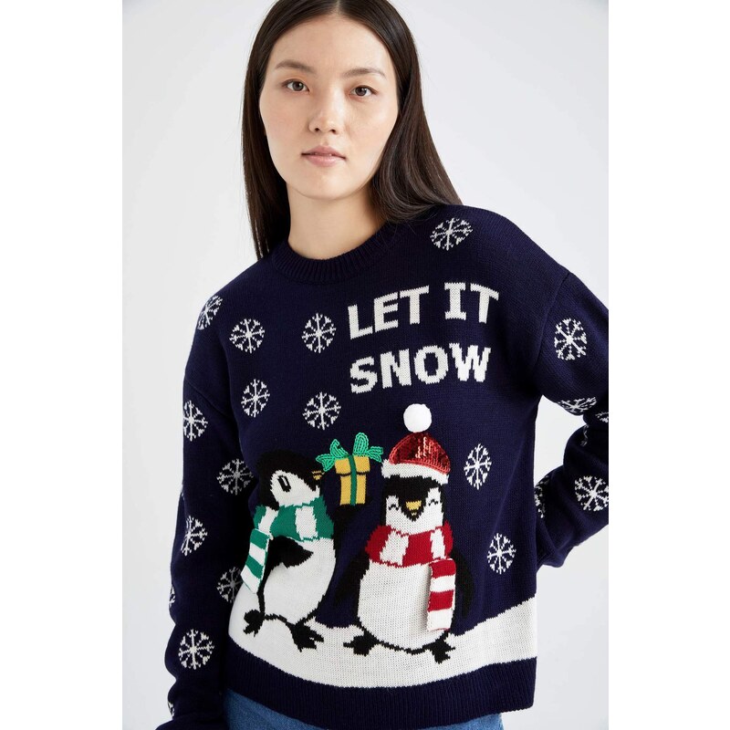 DEFACTO Regular Fit Christmas Themed Crew Neck Pullover