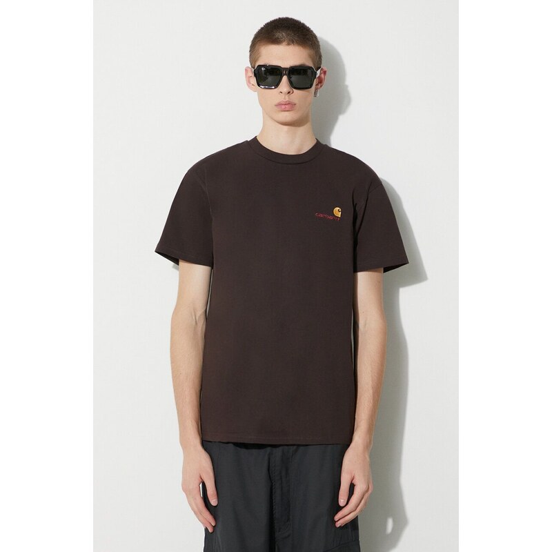 Bavlněné tričko Carhartt WIP S/S American Script T-Shirt hnědá barva, s aplikací, I029956.47XX