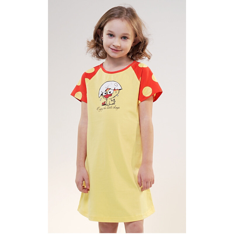 Vienetta Secret Dětská noční košile s krátkým rukávem Kuře, barva žlutá, 100% bavlna
