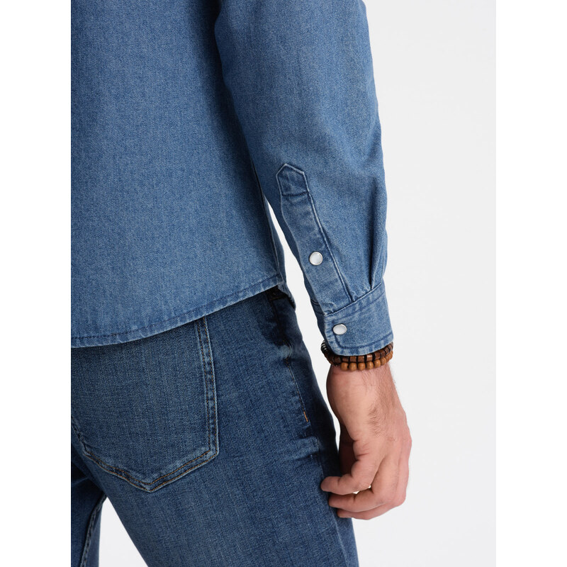Ombre Clothing Pánská džínová košile na patentky s kapsami - modrá V2 OM-SHDS-0115