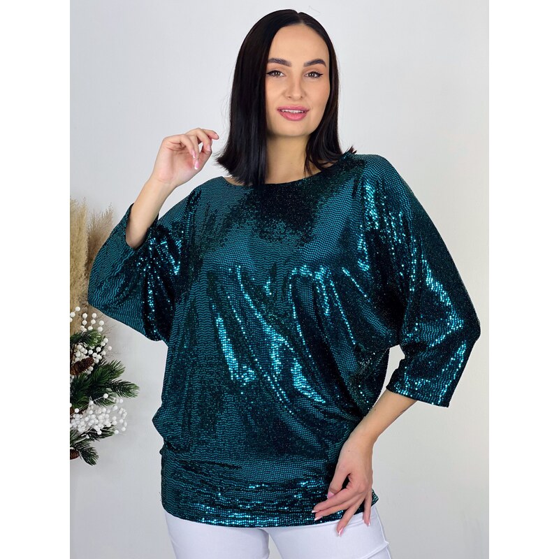 Webmoda Dámský flitrovaný elegantní oversize TOP - zelený